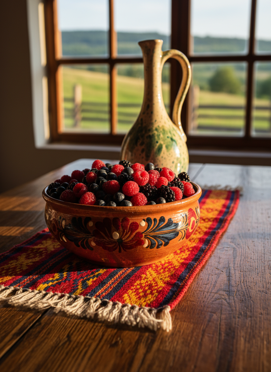 A richly detailed close-up of a wooden table in a rustic Romanian guesthouse, topped with traditional ceramics and textiles. A deep, rounded clay bowl with hand-painted red and blue floral patterns holds a pile of glossy, freshly picked berries. Beneath it lies a woven table runner in bright geometric motifs of red, yellow, and navy, its threads slightly frayed at the edges for texture. Behind, a curved ceramic jug with a whimsical, swan-like neck stands near a small window, where late afternoon sunlight streams in, creating warm highlights on the glazed surfaces and soft, elongated shadows. Outside the blurred window, the suggestion of rolling green hills and a wooden fence. Photographic realism, saturated colors, and a cozy, reflective mood, captured at eye level with shallow depth of field to spotlight the tactile beauty of Romanian countryside hospitality.