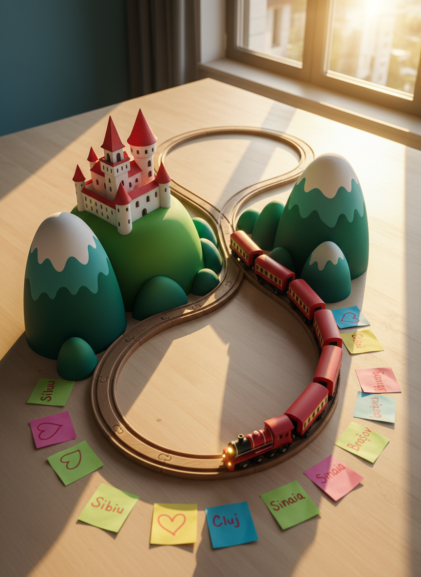 A whimsical bird’s-eye view of a curved train track model snaking through a miniature Romanian landscape on a smooth, pale wooden table. Rounded, toy-like mountains painted in lush green and soft blue rise beside the track, with a tiny castle resembling Bran Castle perched on a gentle hill, its towers slightly exaggerated and playful. A glossy, deep-red toy train bends around a curve, headlights catching the warm glow of golden hour sunlight from a nearby window. Shadows arc softly across the scene, enhancing the sense of motion and anticipation. Scattered around the table are colorful sticky notes with hand-drawn hearts and destinations like “Sibiu” and “Timișoara.” Photographic realism with bright, saturated colors, energetic composition, and crisp focus, capturing the imaginative planning stage of a Romanian rail journey.