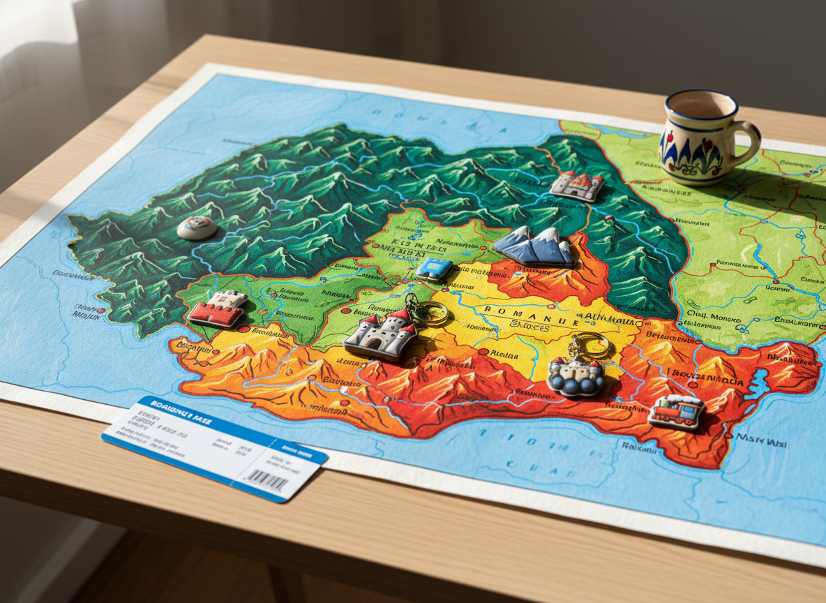 A vibrant, oversized illustrated map of Romania printed on slightly textured, matte paper spread across a light wooden travel desk. Major cities like Bucharest, Cluj-Napoca, and Brașov are marked with playful, rounded icons of castles, mountains, and tiny trains. Bright, saturated colors define regions and the winding curves of the Carpathian Mountains. Soft afternoon sunlight pours in from an unseen window, creating gentle highlights along the glossy raised ink of the borders and casting rounded shadows from scattered souvenirs: a small painted ceramic mug, a whimsical keychain of a tiny castle, and a folded boarding pass. Photographic realism with a whimsical, energetic composition, shot from a slightly elevated angle with sharp focus throughout, creating an inviting, adventurous mood for a Romanian travel blog homepage.